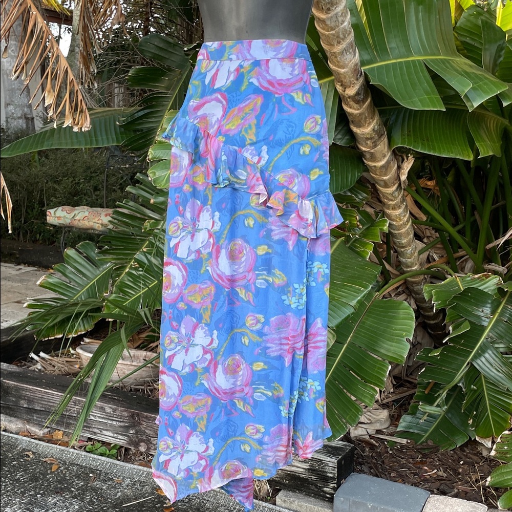 Sundance, dark floral ruffled skirt with front slit